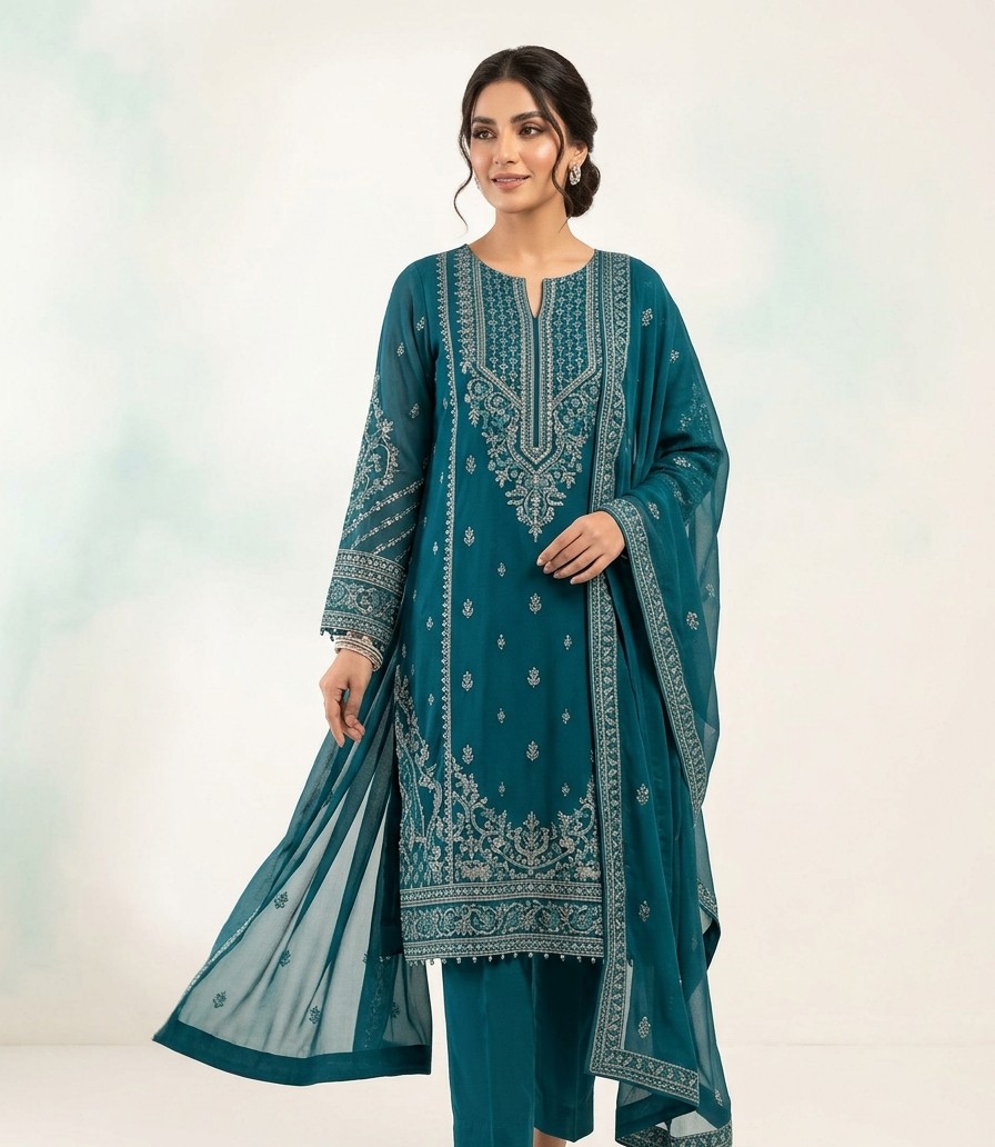 Premium Teal Embroidered Chiffon Suit (3-Piece) - Fiza Clothing Women's Shalwar Qameez